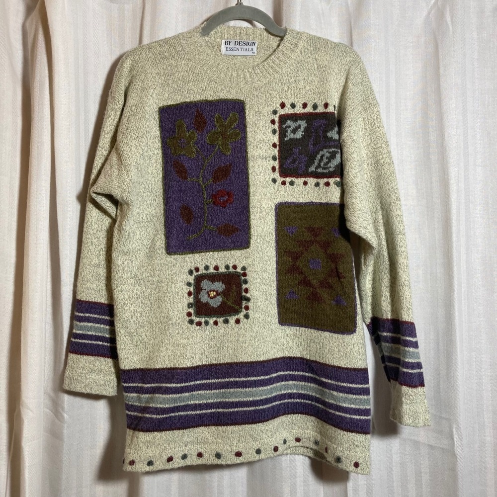 By‎ Design Essentials Vintage Patchwork Floral Knit Sweater Oatmeal Purple ML